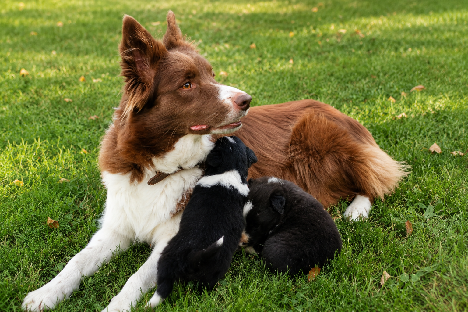 Lilly liegt entspannt mit zwei Welpen im Gras
